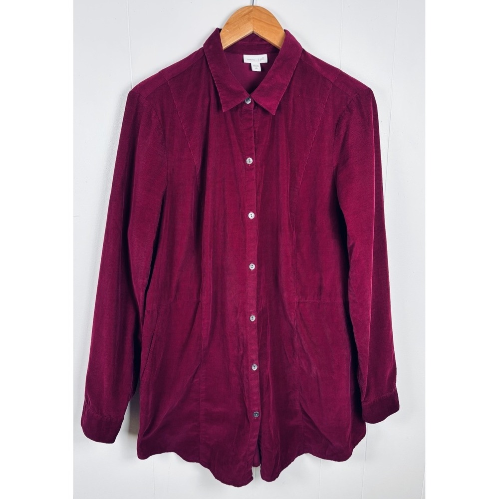 J.Jill Corduroy‎ Woman Large Tall Wine Red Button-Down Shirt Long Sleeve Pockets